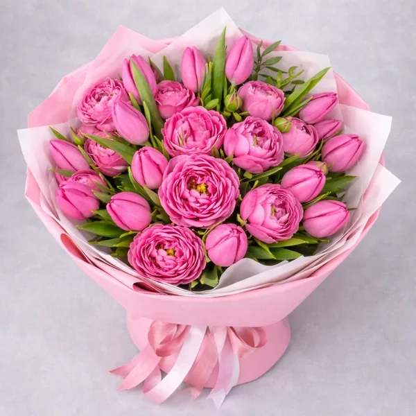 Любимые моменты – букет с розовыми кустовыми розами и тюльпанами